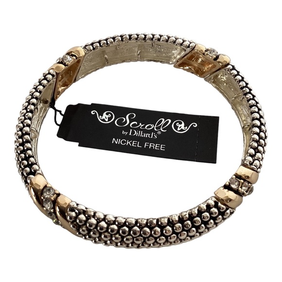 Scroll Gold And Silver Tone Link Stretch Bracelet Petite White Crystal Accents - Picture 3 of 14